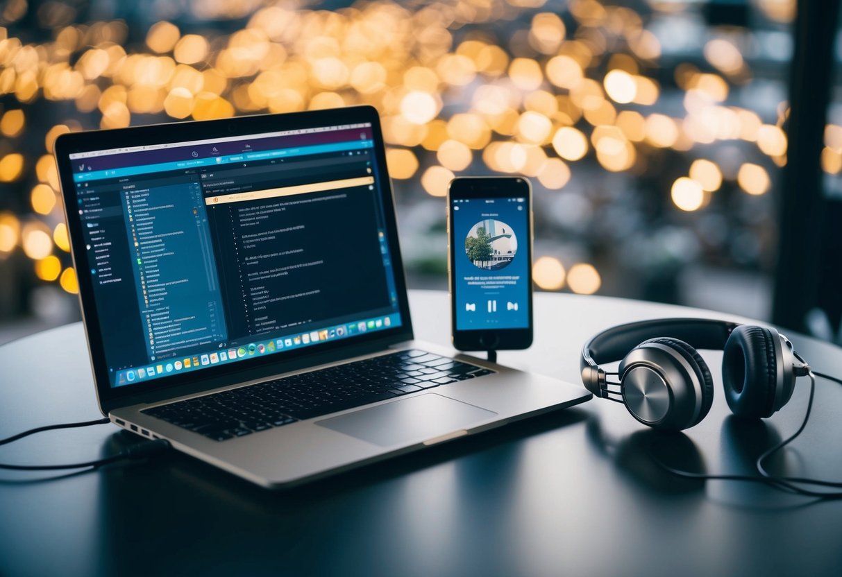 A laptop with open music software, a smartphone with a wedding playlist, and a pair of headphones on a table