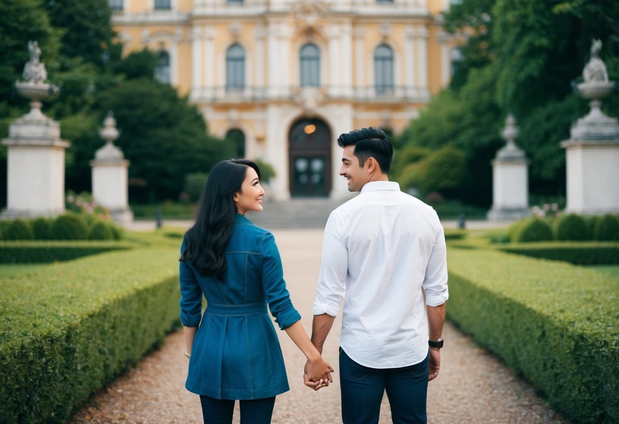 A couple stands in front of a grand, ornate building, surrounded by lush greenery. They hold hands and gaze at each other with love and determination