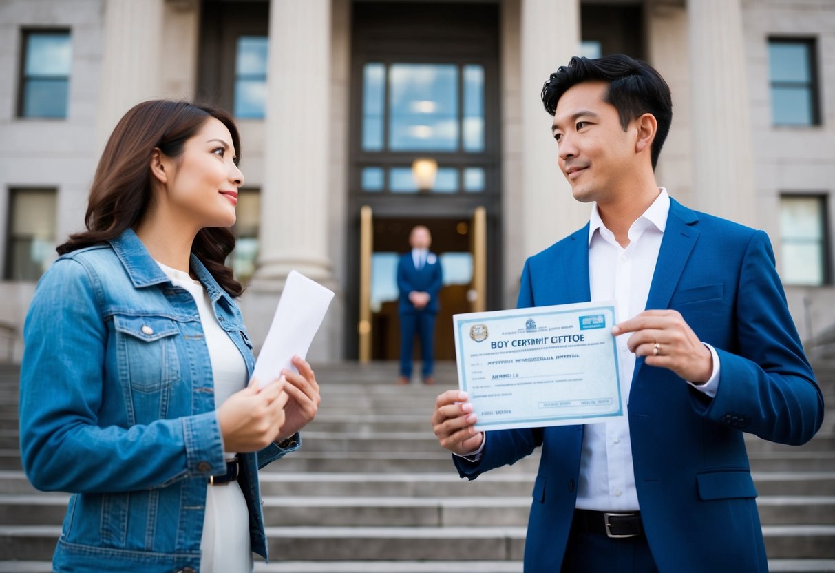 A couple stands before a government office, one holding a marriage certificate and the other nervously glancing around. The imposing building looms in the background, symbolizing the daunting process of applying for a Spouse or Partner Visa