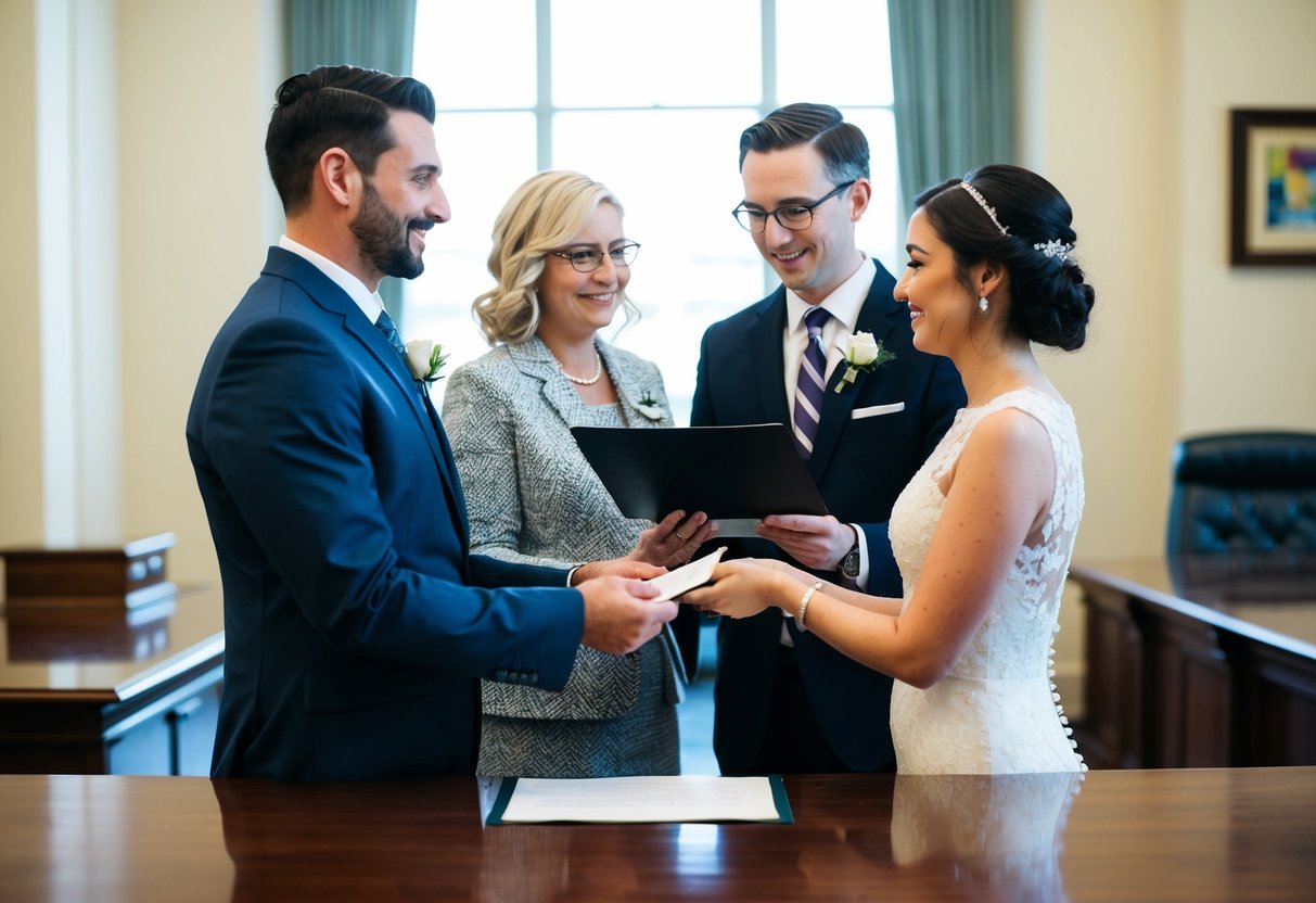 A couple stands before a registrar in a government office, exchanging vows. The officiant holds a marriage certificate