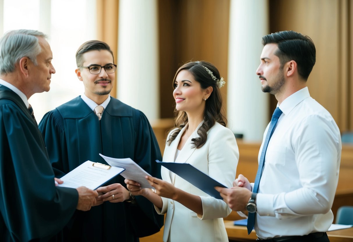 A couple stands before a judge in a courtroom, discussing marriage while holding legal documents. The judge looks on with a thoughtful expression