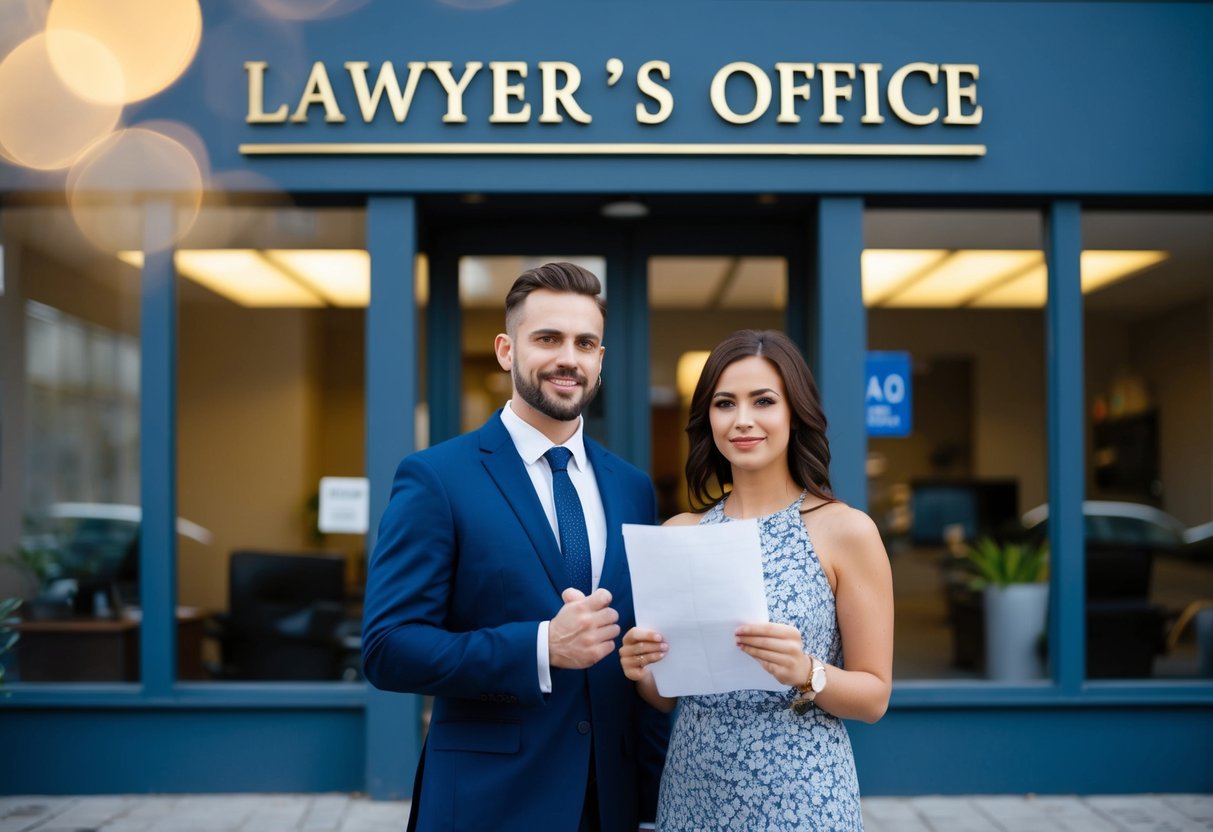A couple standing in front of a lawyer's office, one person with a wedding ring on and the other holding divorce papers