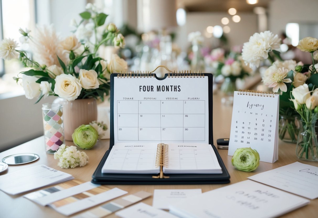 A bustling wedding planner's desk with a calendar open to four months from now, surrounded by swatches, flowers, and invitations
