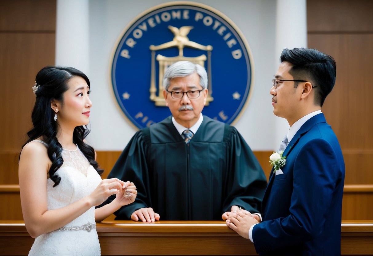 A couple standing in front of a judge, with one person holding a wedding ring and the other person looking confused