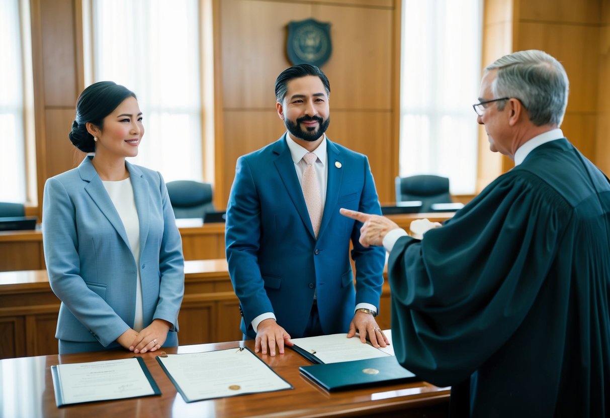 A couple stands before a judge in a courtroom, with legal documents and a marriage certificate on the desk. The judge gestures towards the documents, indicating the legal requirements for remarriage