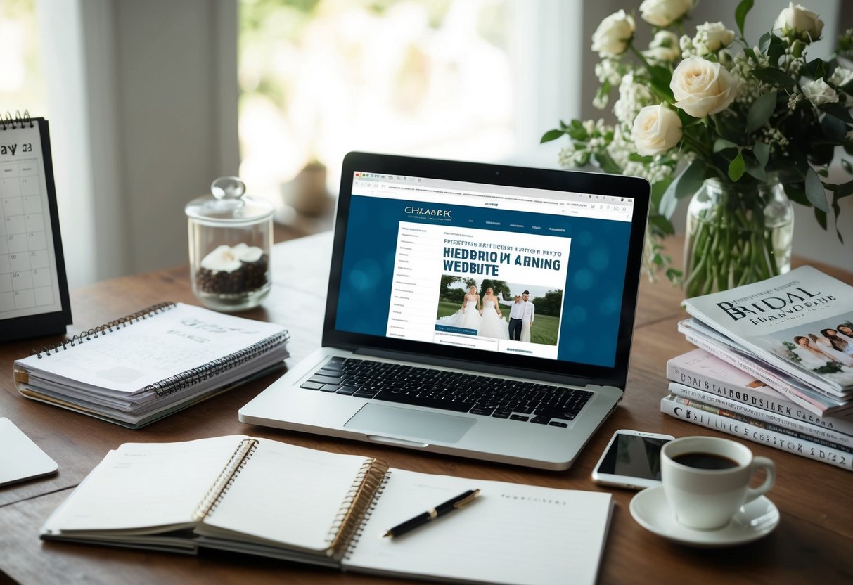 A cluttered desk with a calendar, notebook, and laptop open to a wedding planning website. A stack of bridal magazines and a cup of coffee sit nearby