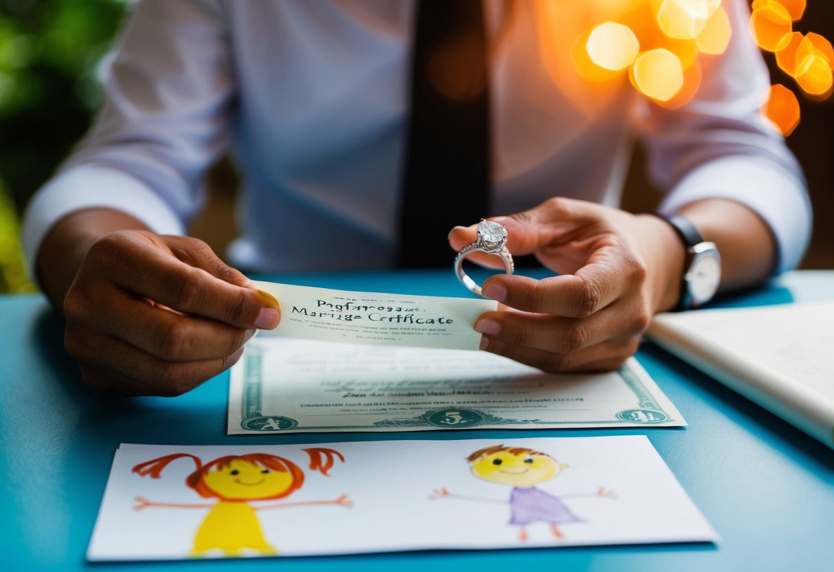 A person holding a wedding ring while looking at a marriage certificate and a child's drawing