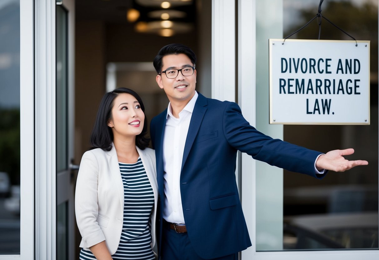 A couple standing in front of a legal office, one looking hopeful and the other uncertain, while a lawyer gestures towards a sign that reads "Divorce and Remarriage Law."
