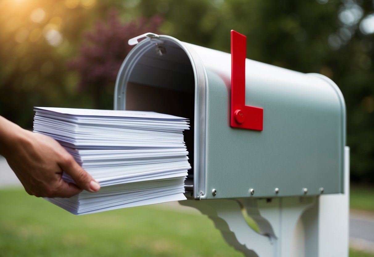 A stack of elegant wedding invitations being placed in a mailbox