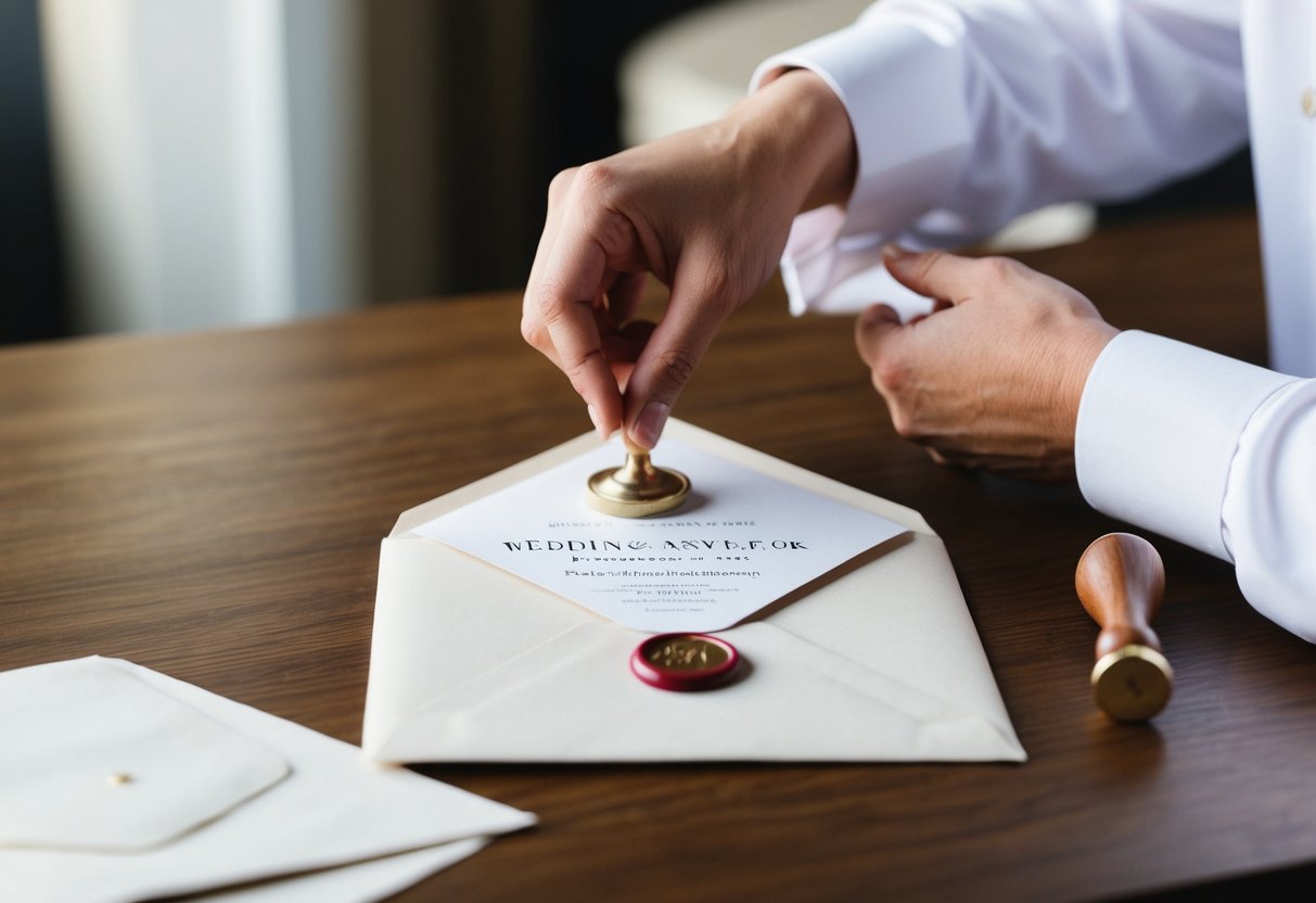 A hand places a wedding announcement in an envelope, sealing it with a wax stamp. The envelope sits on a table, ready to be sent