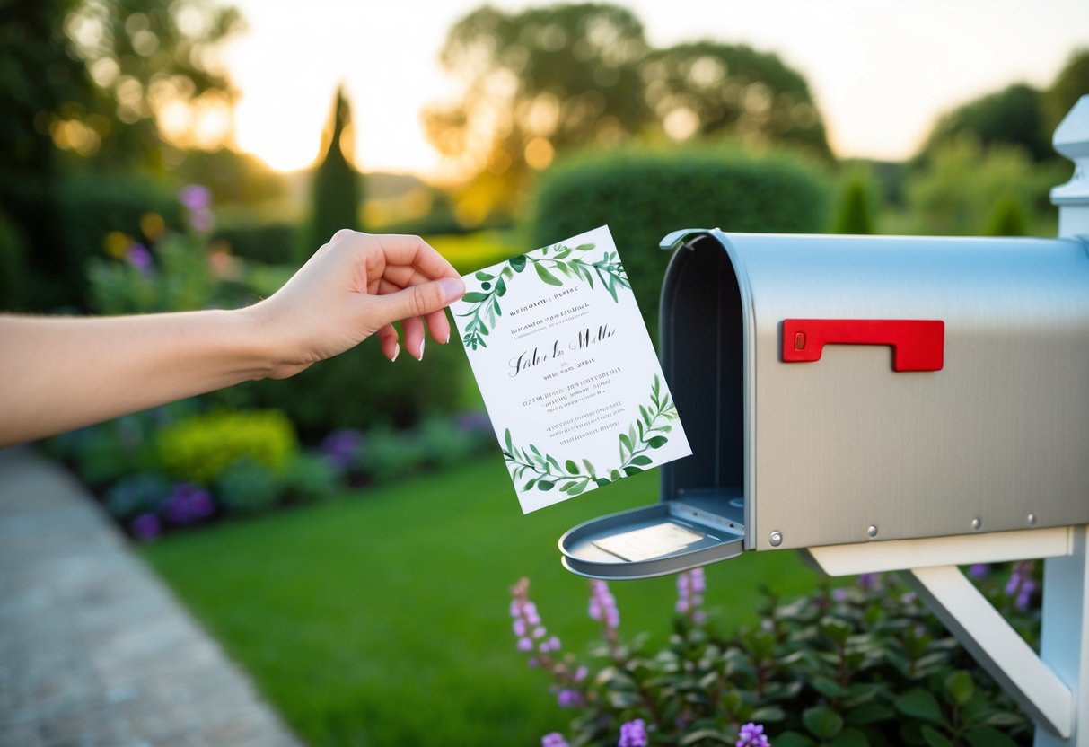 A beautifully designed wedding announcement card being placed into a mailbox, with a picturesque background of a serene garden