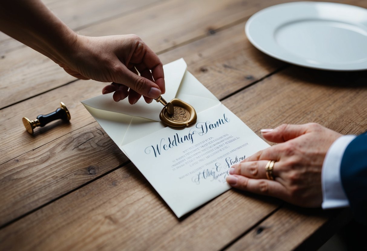 A hand placing a wedding announcement in an envelope, sealing it with a wax seal, and addressing it with a calligraphy pen