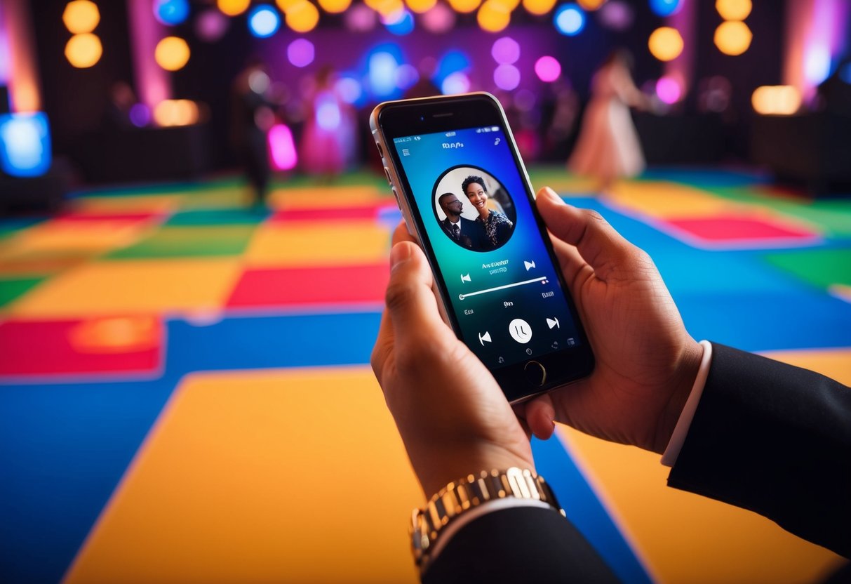 A person using a phone to select and play music on a large, colorful, and lively dance floor