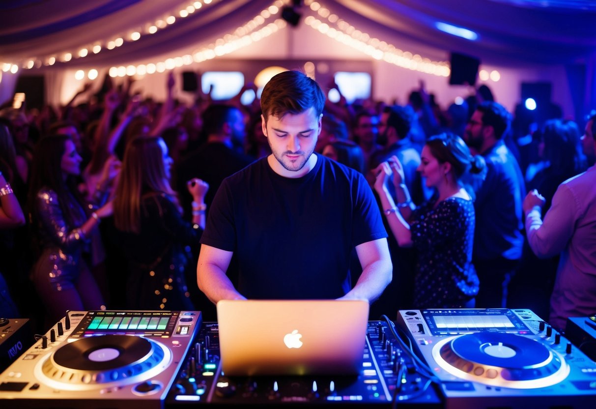 A person standing at a DJ booth with a laptop open to Spotify, surrounded by a crowd dancing to the music