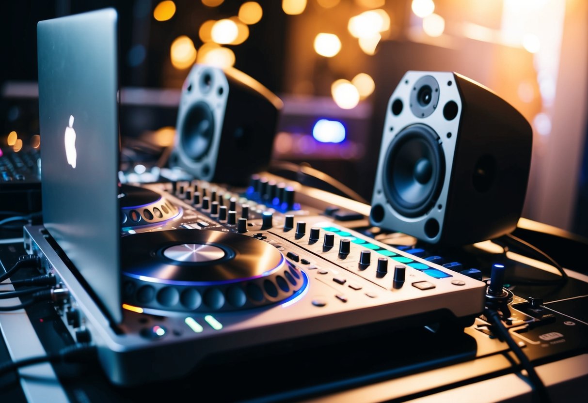 A sleek DJ setup with a laptop, mixer, and speakers, all connected and ready for a flawless performance