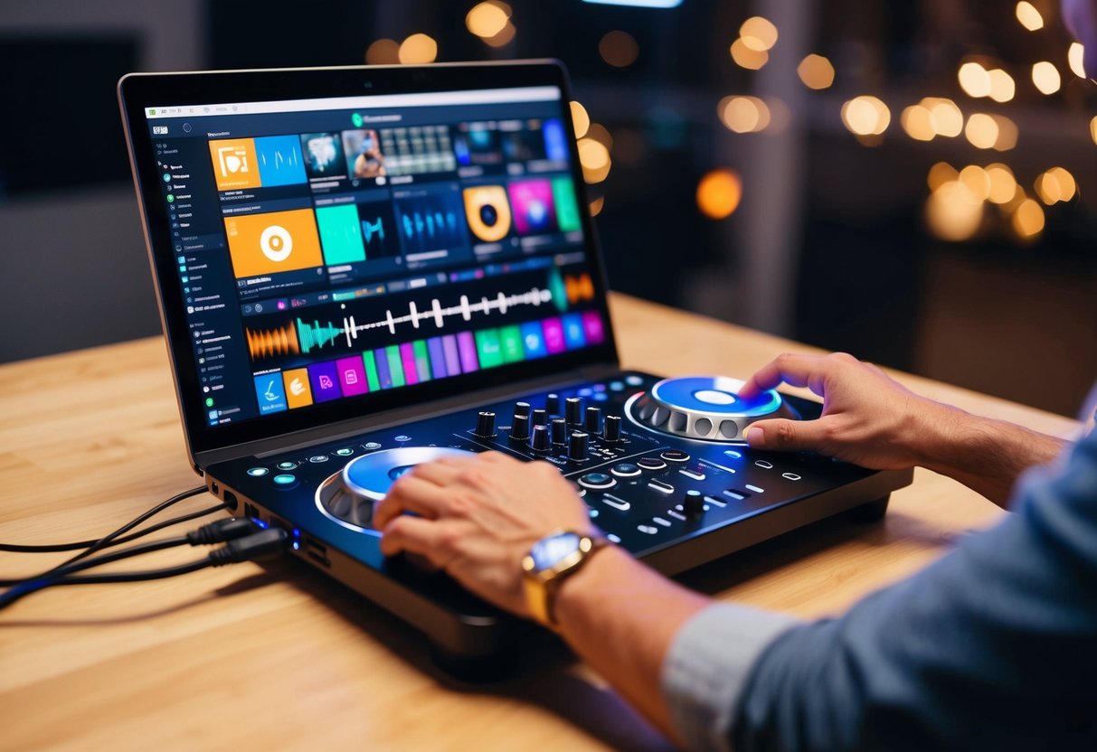 A DJ controller connected to a laptop, with Spotify's interface open and displaying various music tracks and mixing tools