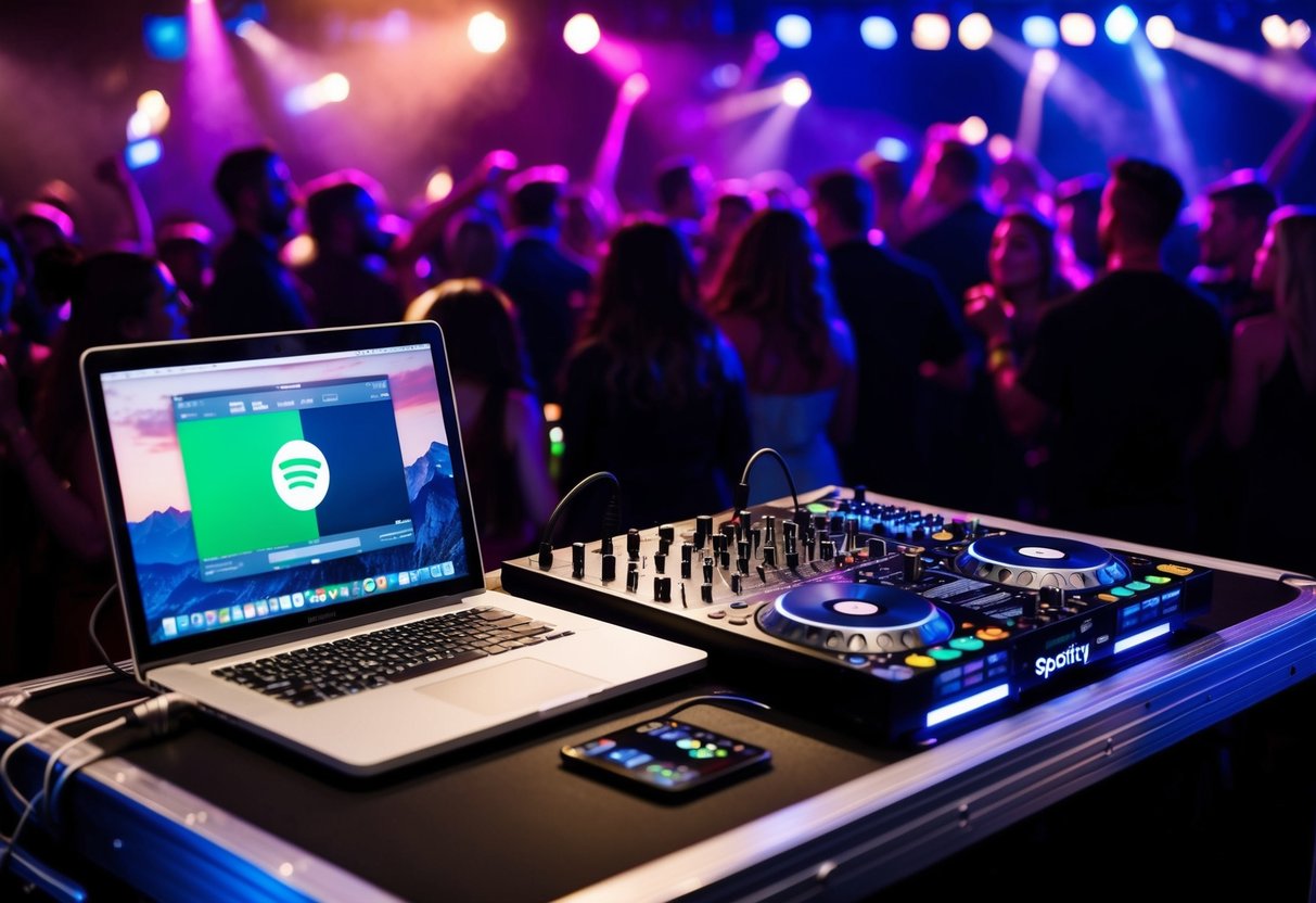 A DJ booth with a laptop open to Spotify, a mixer, and headphones. A crowd dances in the background