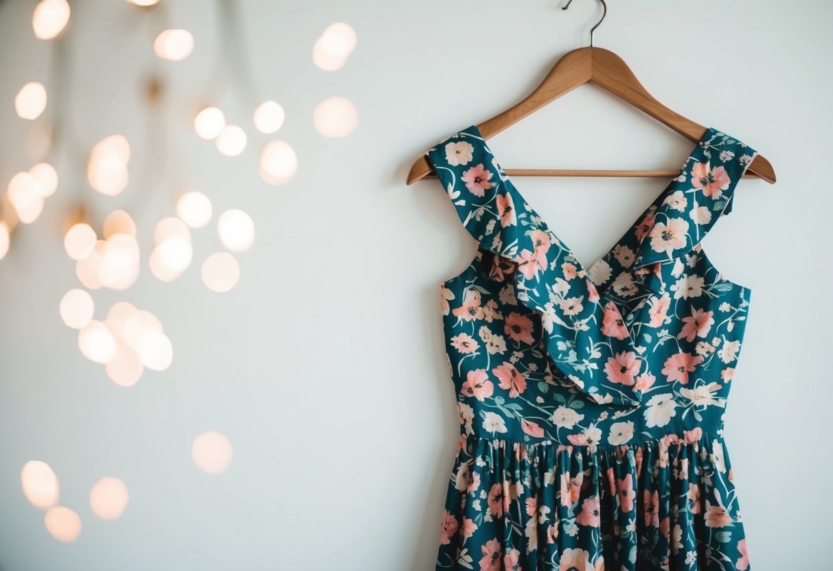 A floral dress hangs on a hanger against a white background