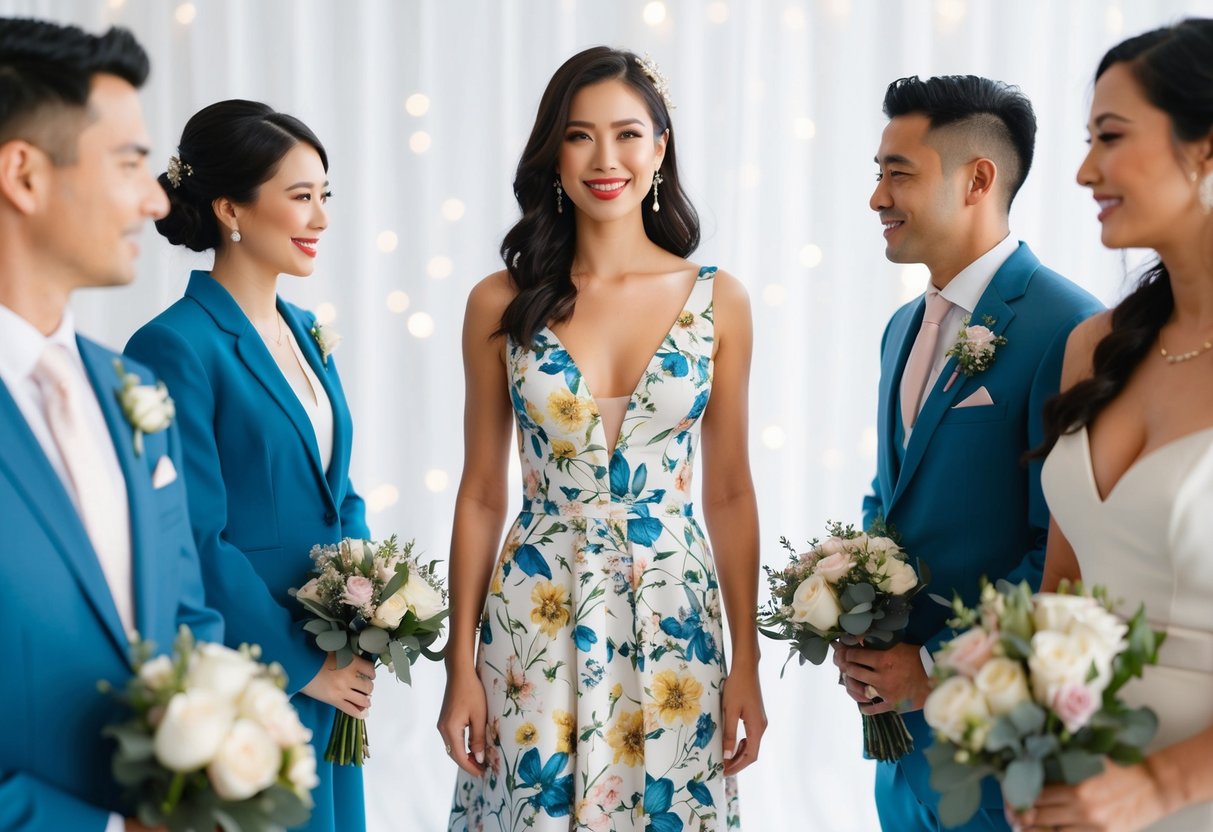 A woman in a floral dress with a white background, surrounded by elegant wedding attire