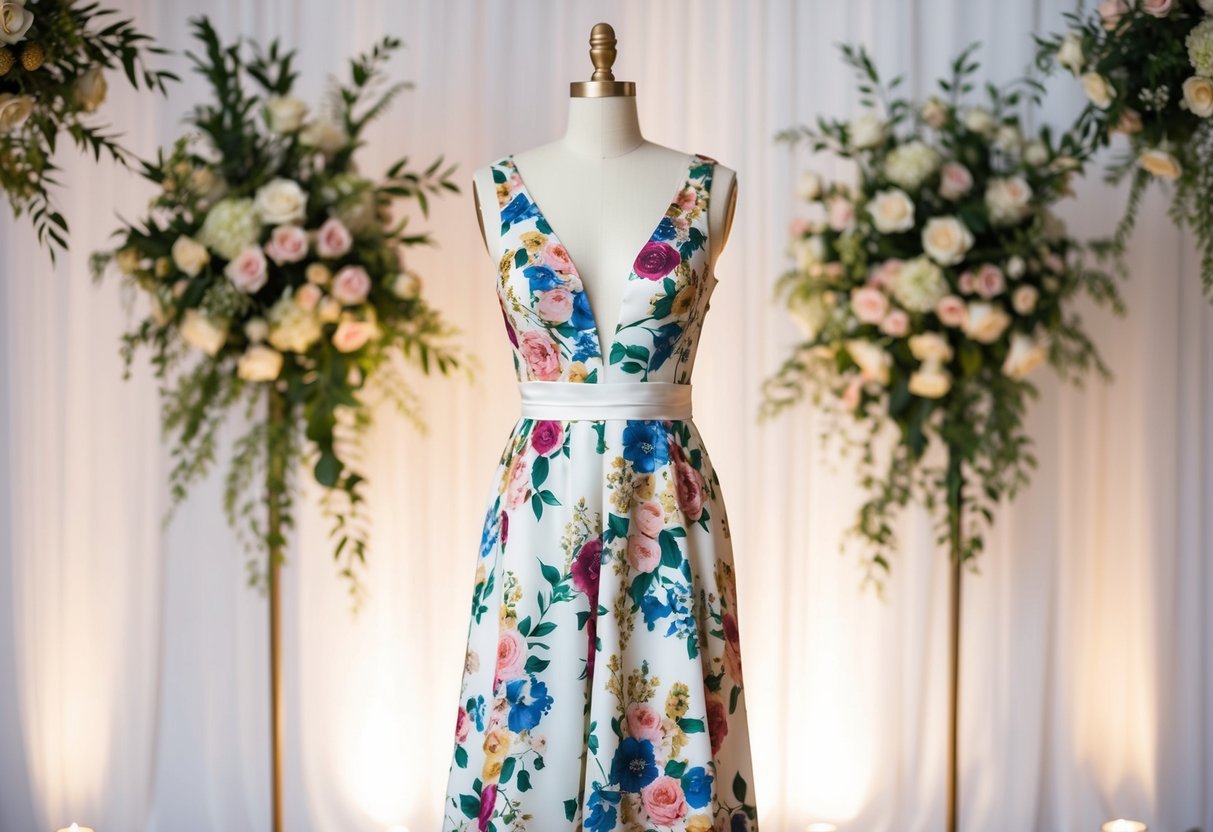A floral dress with a white background is set against a backdrop of elegant wedding decor, with soft lighting and delicate floral arrangements