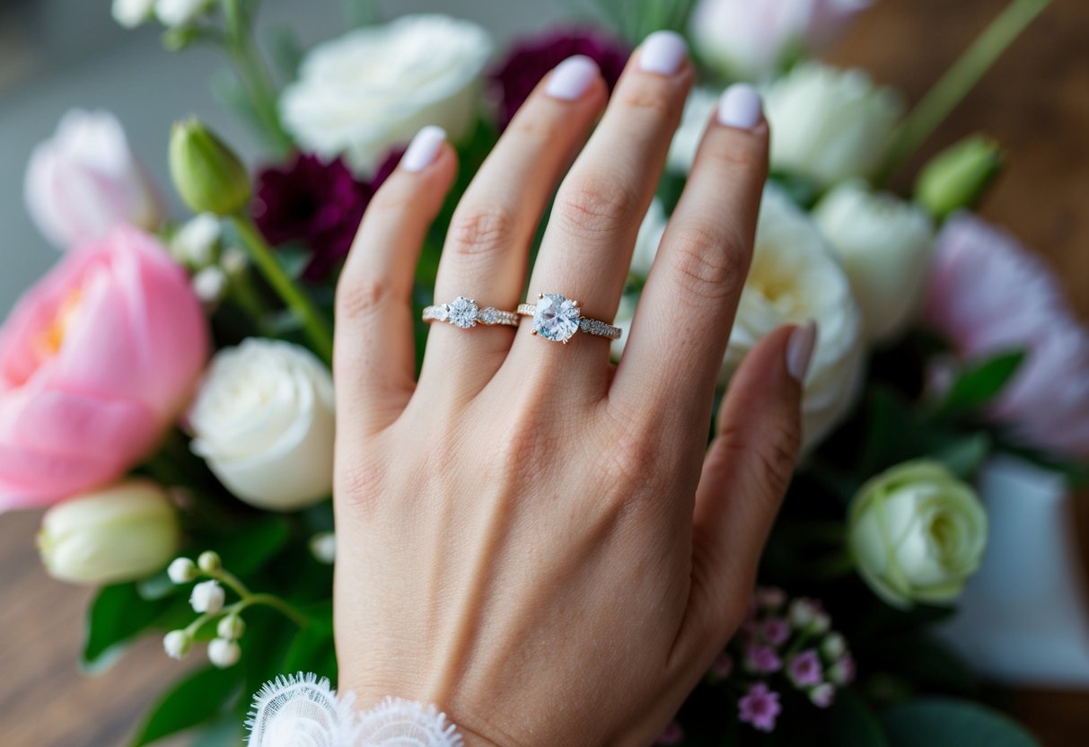 A hand with a ring on the wedding finger, surrounded by flowers and a romantic setting