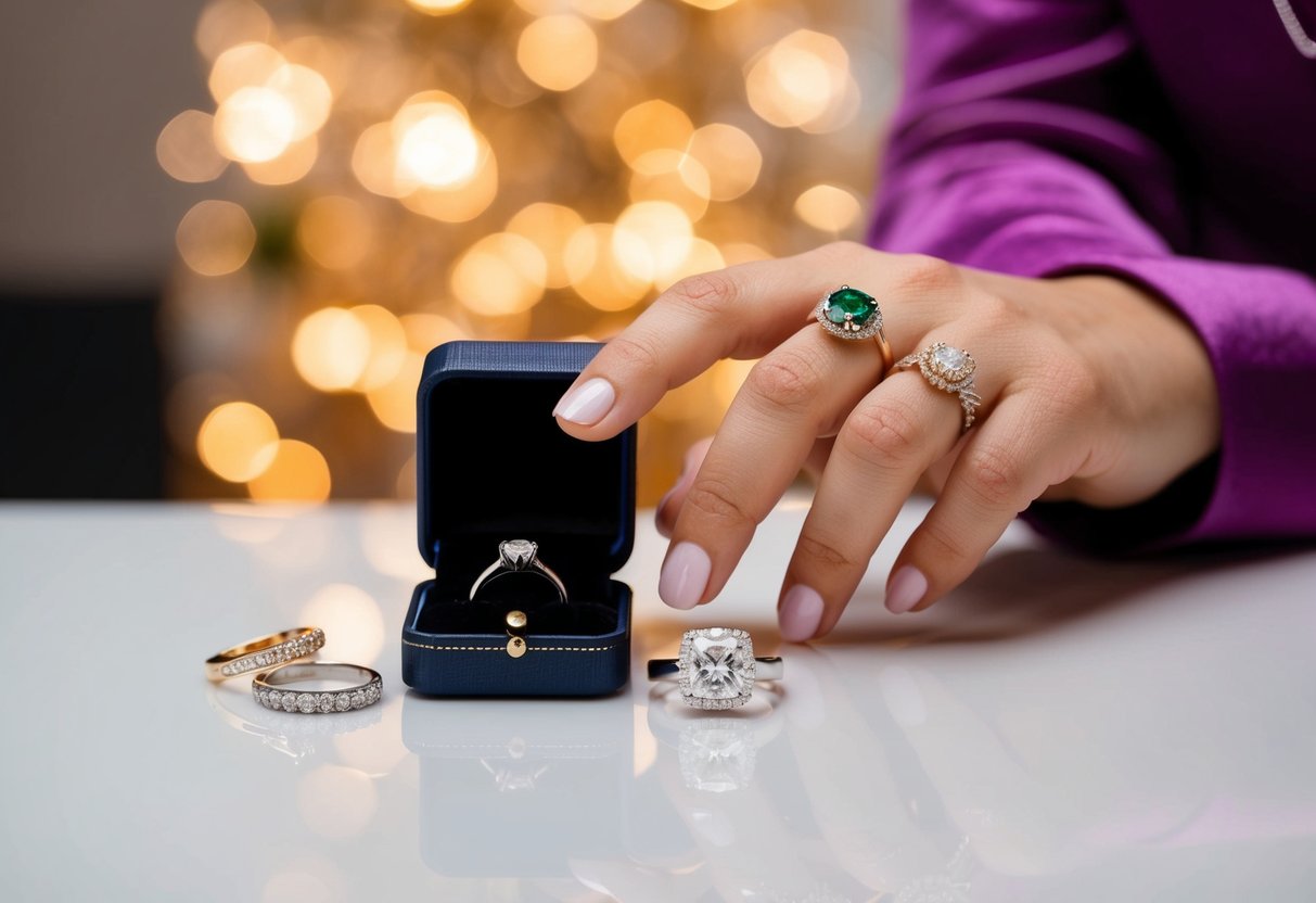 A hand reaching for a ring box with various fingers adorned with different types of rings