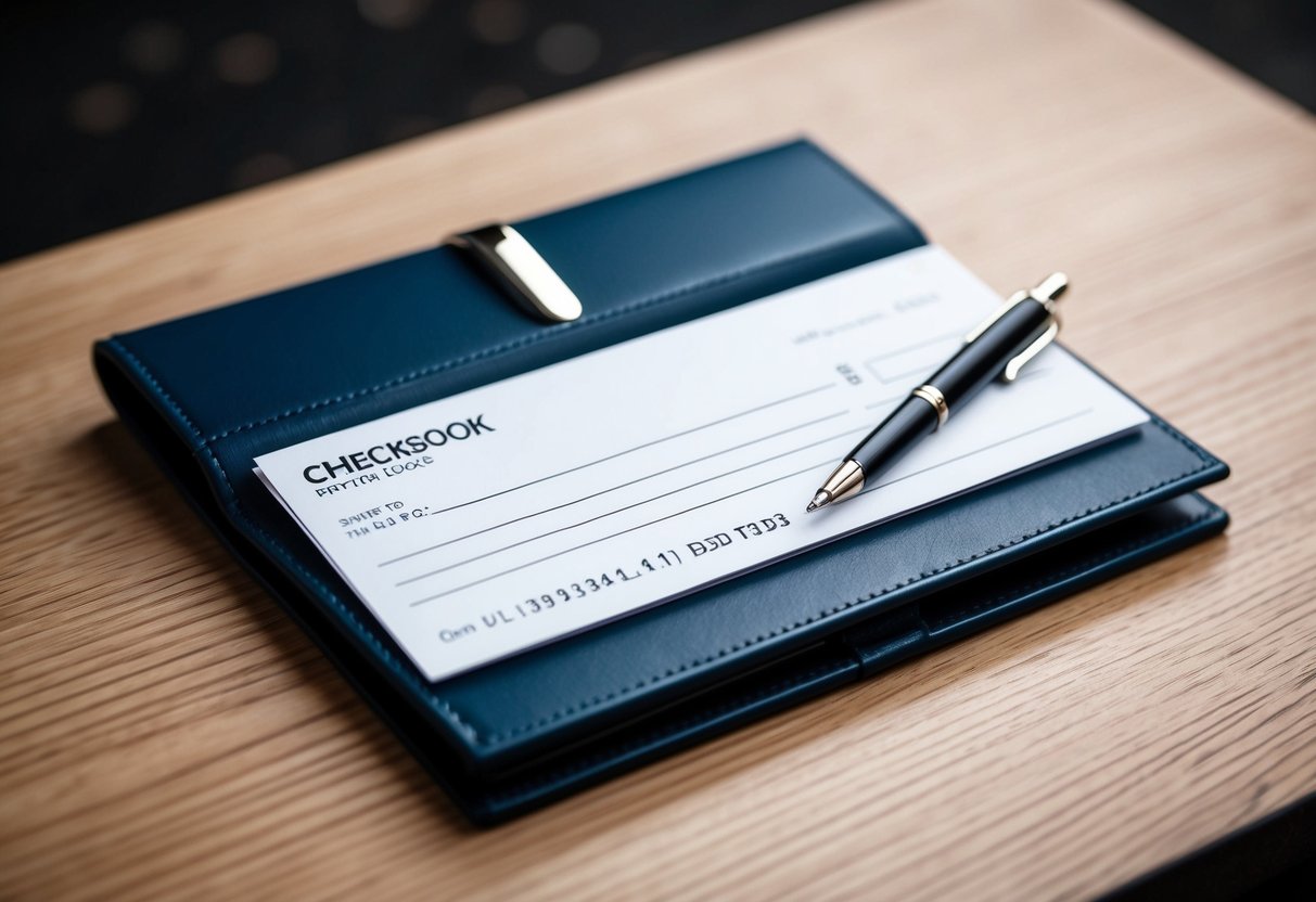 A checkbook open to a blank check, with a pen lying beside it