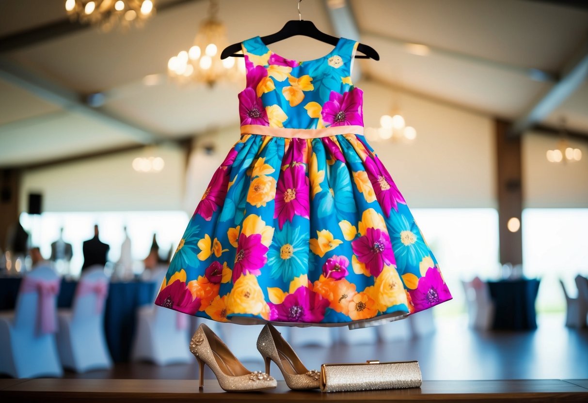A colorful floral dress hanging on a hanger, surrounded by elegant heels and a clutch, set against a background of a wedding venue