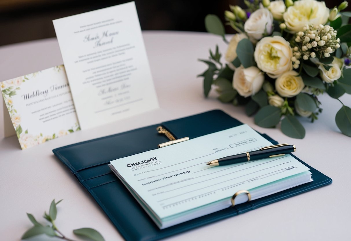 A checkbook open on a table, with a pen poised to write, surrounded by elegant wedding invitations and a bouquet of flowers