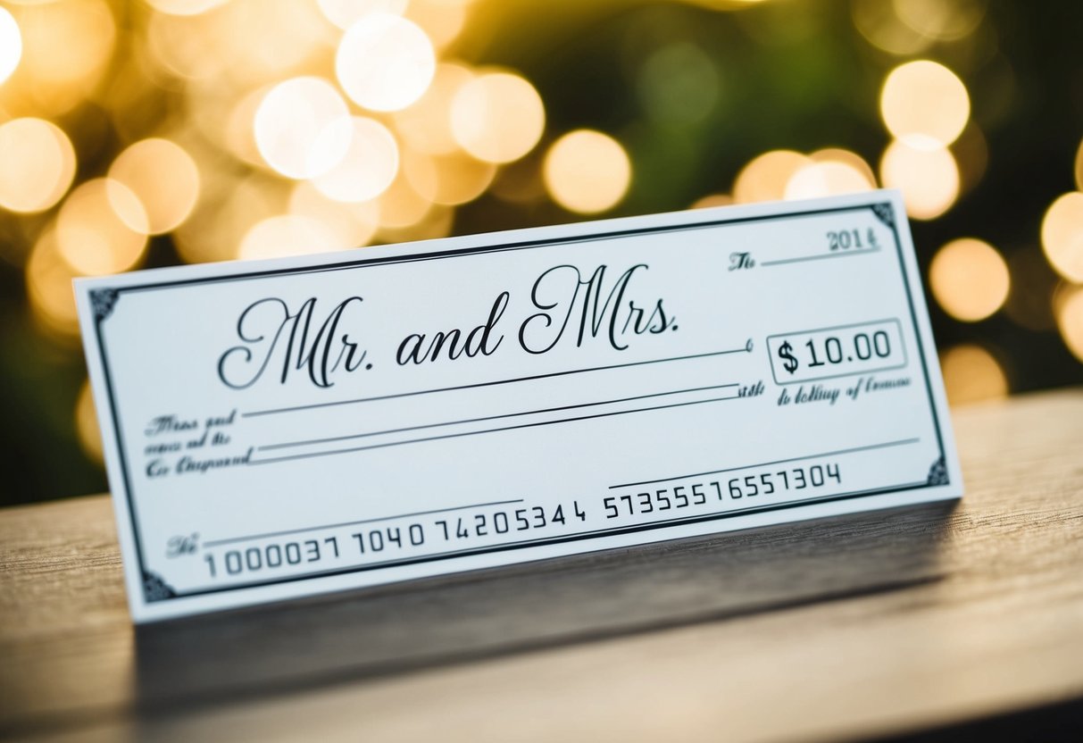 A wedding check with "Mr. and Mrs." written in elegant script
