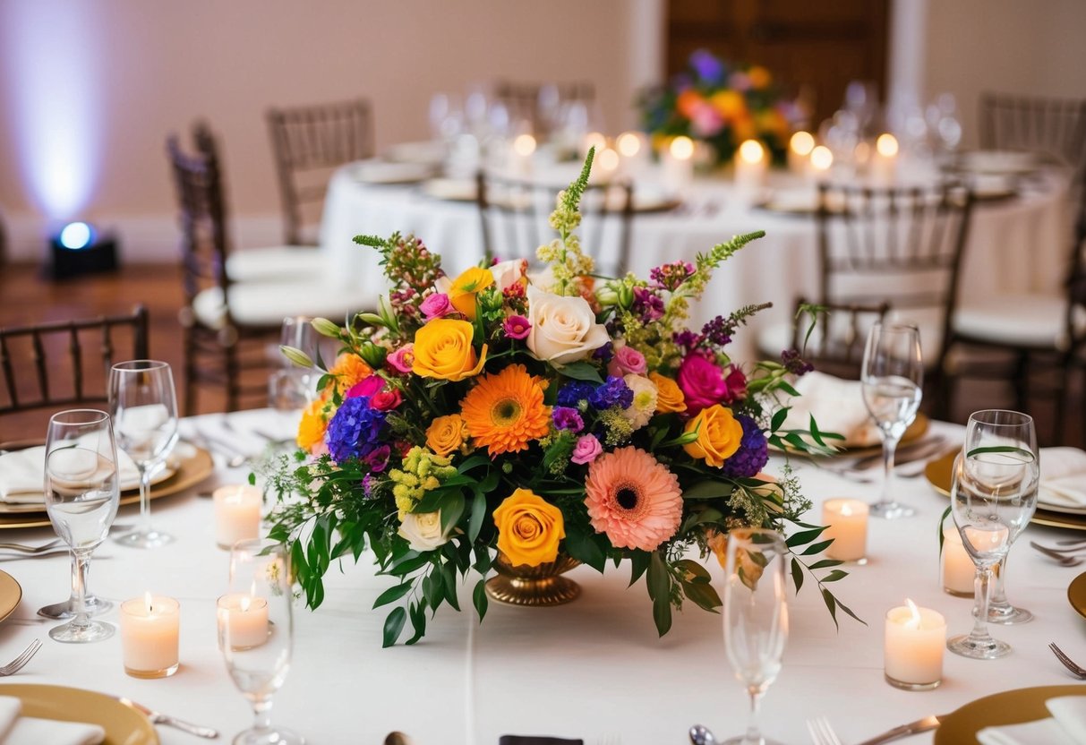 A colorful floral arrangement on a wedding reception table, surrounded by elegant place settings and soft candlelight