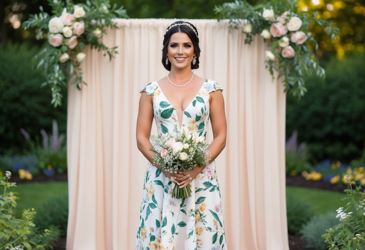 A woman in a floral dress and matching accessories stands among a garden backdrop at a wedding