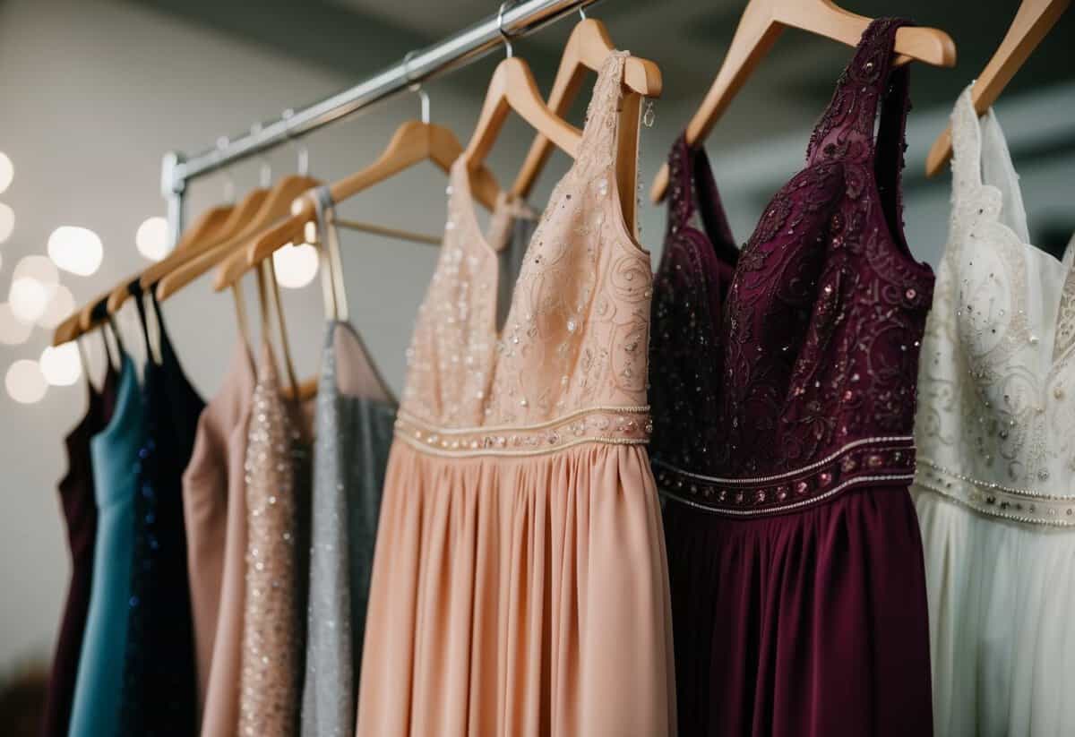 Two elegant dresses in matching colors hang side by side on a clothing rack. The fabric is rich and luxurious, with delicate lace and beading details
