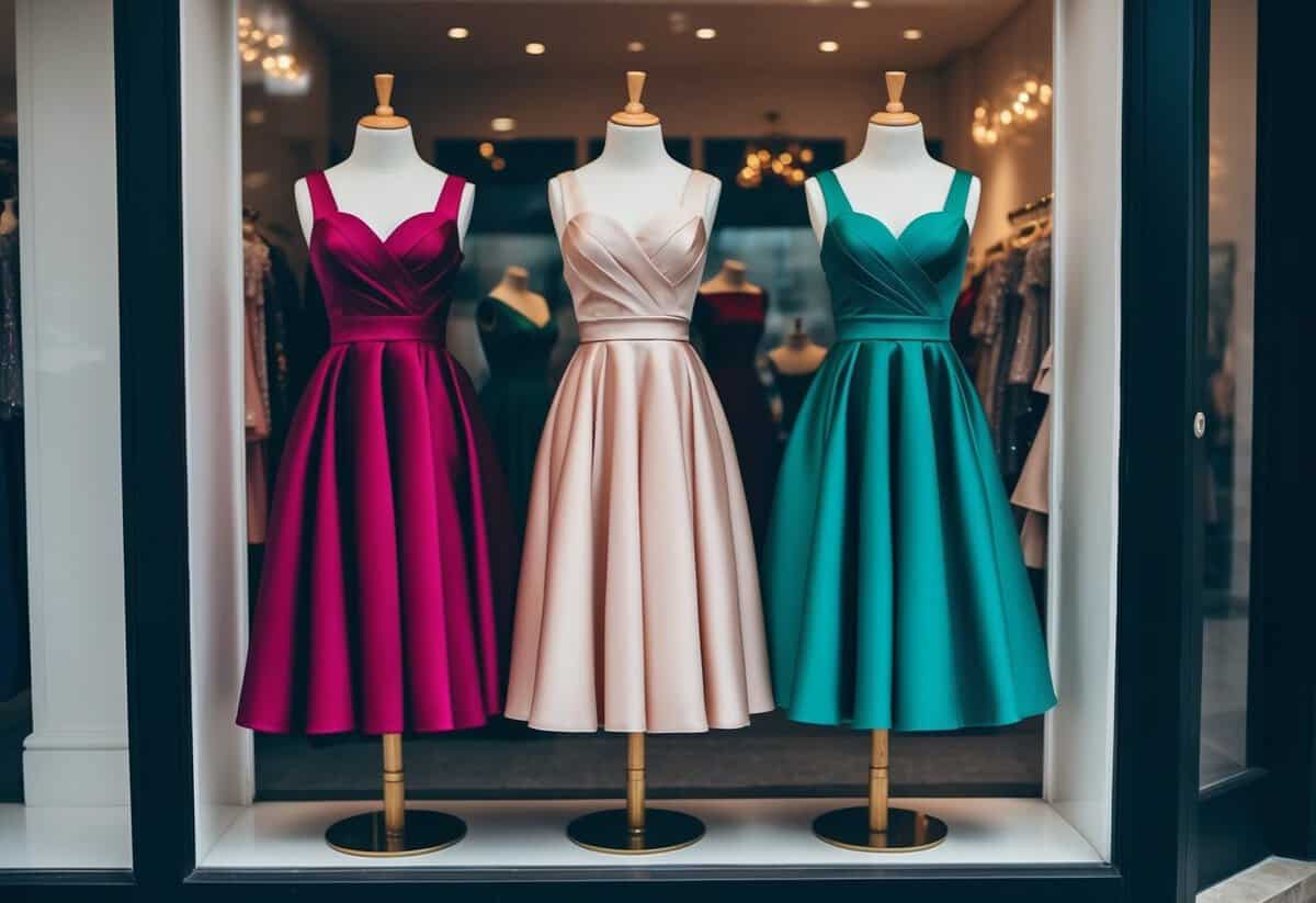 Two elegant dresses in matching colors displayed on mannequins in a boutique window