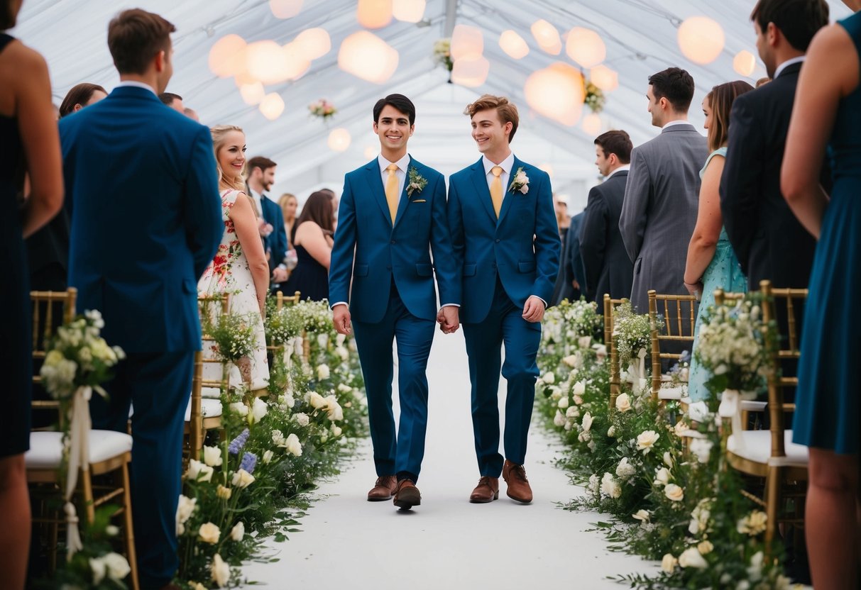Two young figures stroll side by side down a flower-lined aisle
