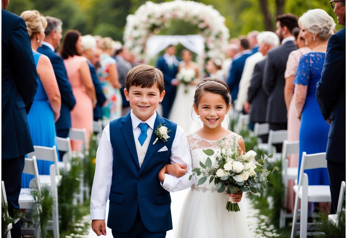 Two siblings walk down the aisle together, side by side, with proud smiles on their faces as they participate in the wedding processional