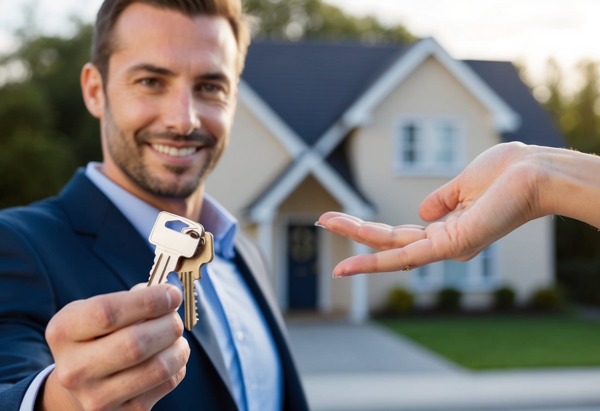 A man holding a set of keys to a house, with a woman reaching out towards the keys