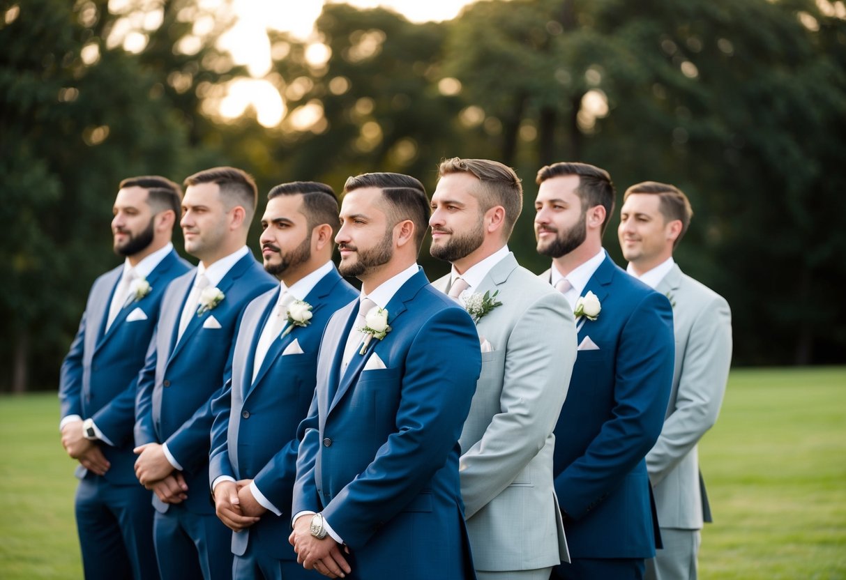 A group of groomsmen stand in a line, one of them slightly older, representing the father of the groom. They are dressed in matching suits and holding boutonnieres