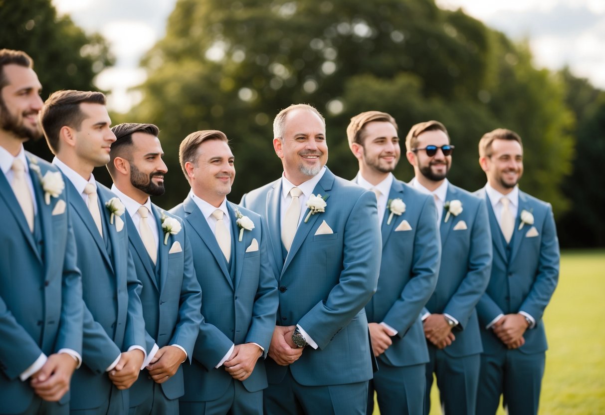 A group of groomsmen standing in a line, with one man slightly apart, representing the father of the groom. Each man is wearing a matching suit and tie