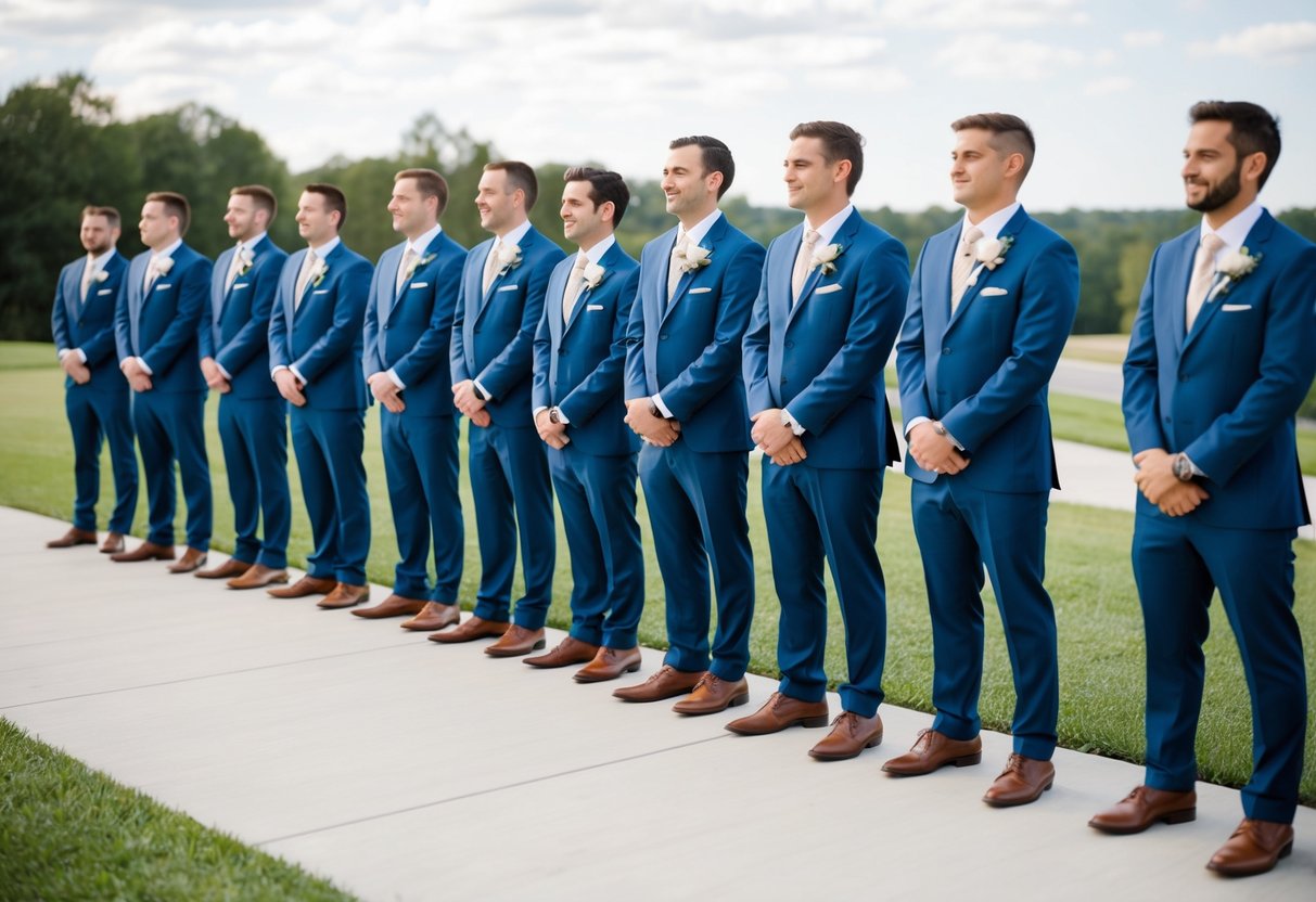 A group of groomsmen standing in line, wearing matching suits and holding boutonnieres, ready to participate in the ceremony and reception