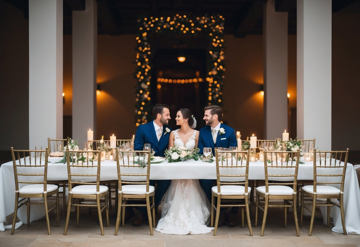 The newlyweds sit together at a beautifully decorated table, surrounded by empty chairs and softly lit by candlelight