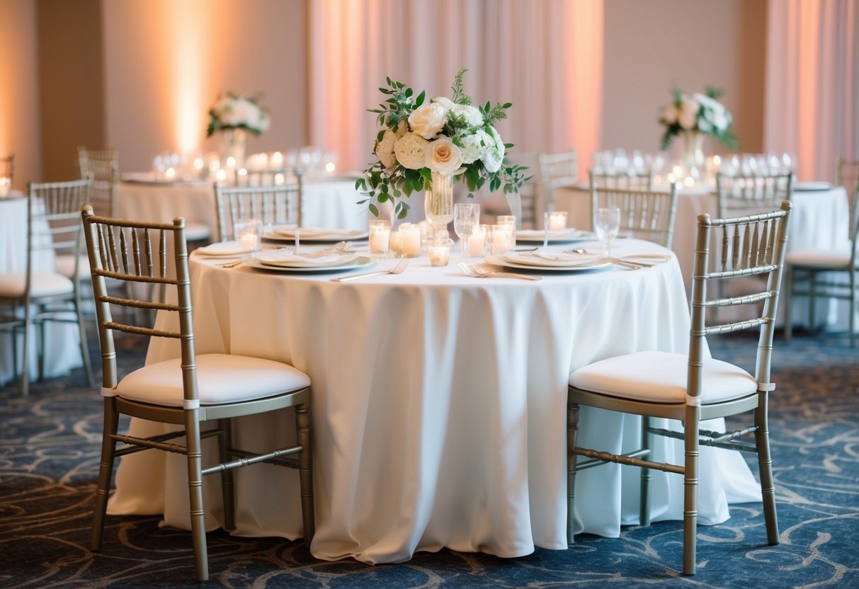 A beautifully decorated bridal table with two elegant chairs set apart from the other reception tables