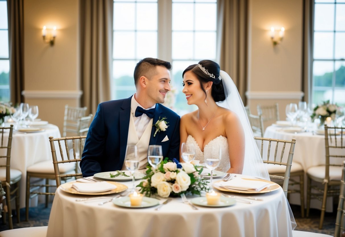 The bride and groom sit at a beautifully decorated table, surrounded by empty chairs and elegant place settings, enjoying a quiet moment together at the reception