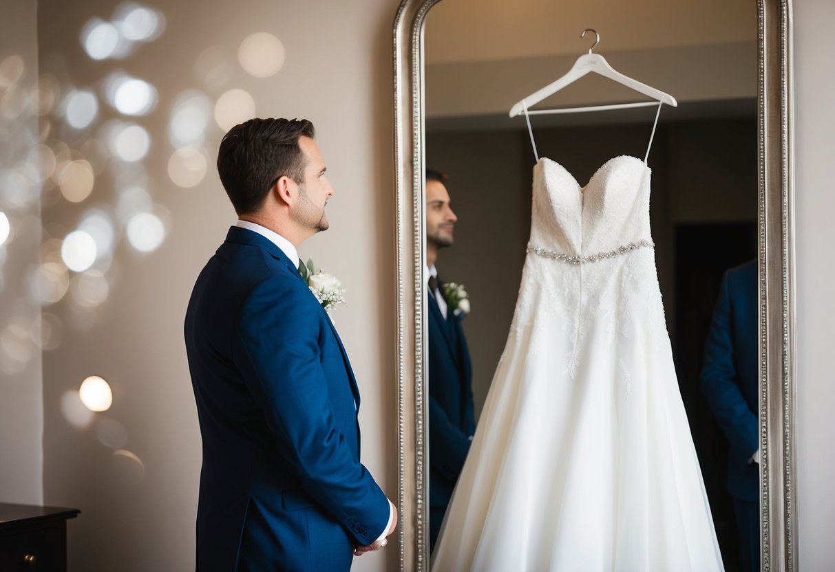 The groom gazes at the bride's wedding dress hanging in front of a mirror