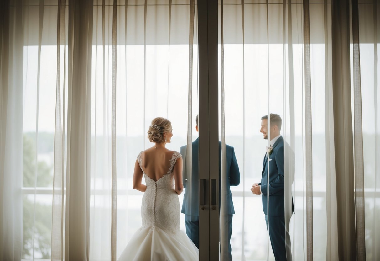 A bride stands behind a sheer curtain, her wedding dress visible to the groom on the other side