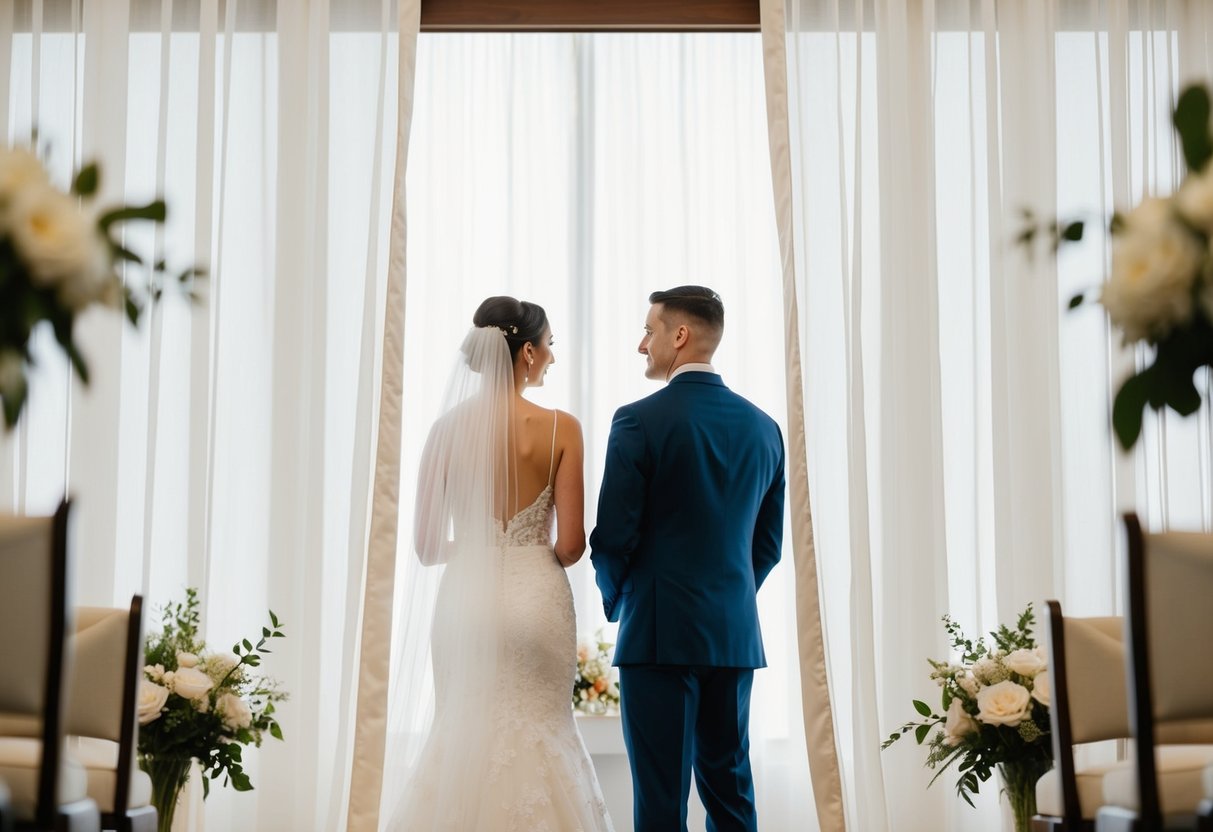 The groom stands at the altar, gazing at the bride's dress through a sheer curtain