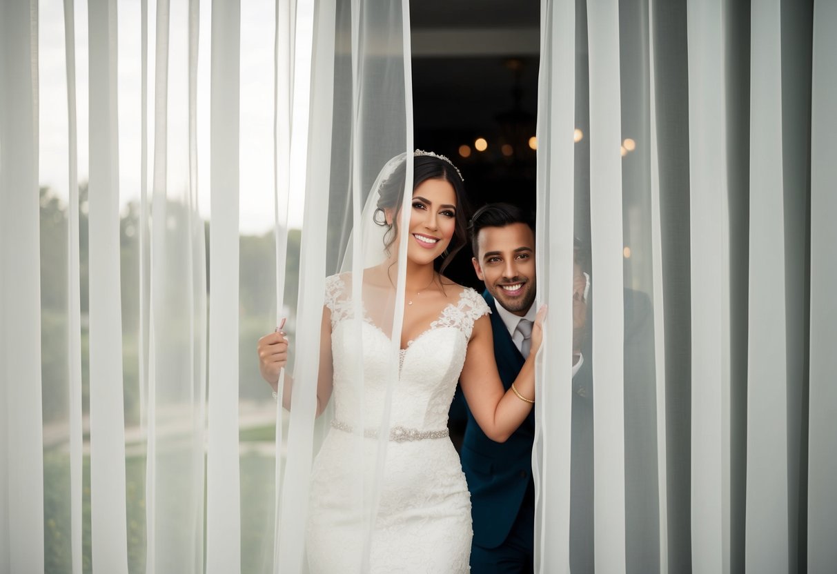 A bride's wedding dress hidden behind a sheer curtain, with the groom peeking through, trying to catch a glimpse