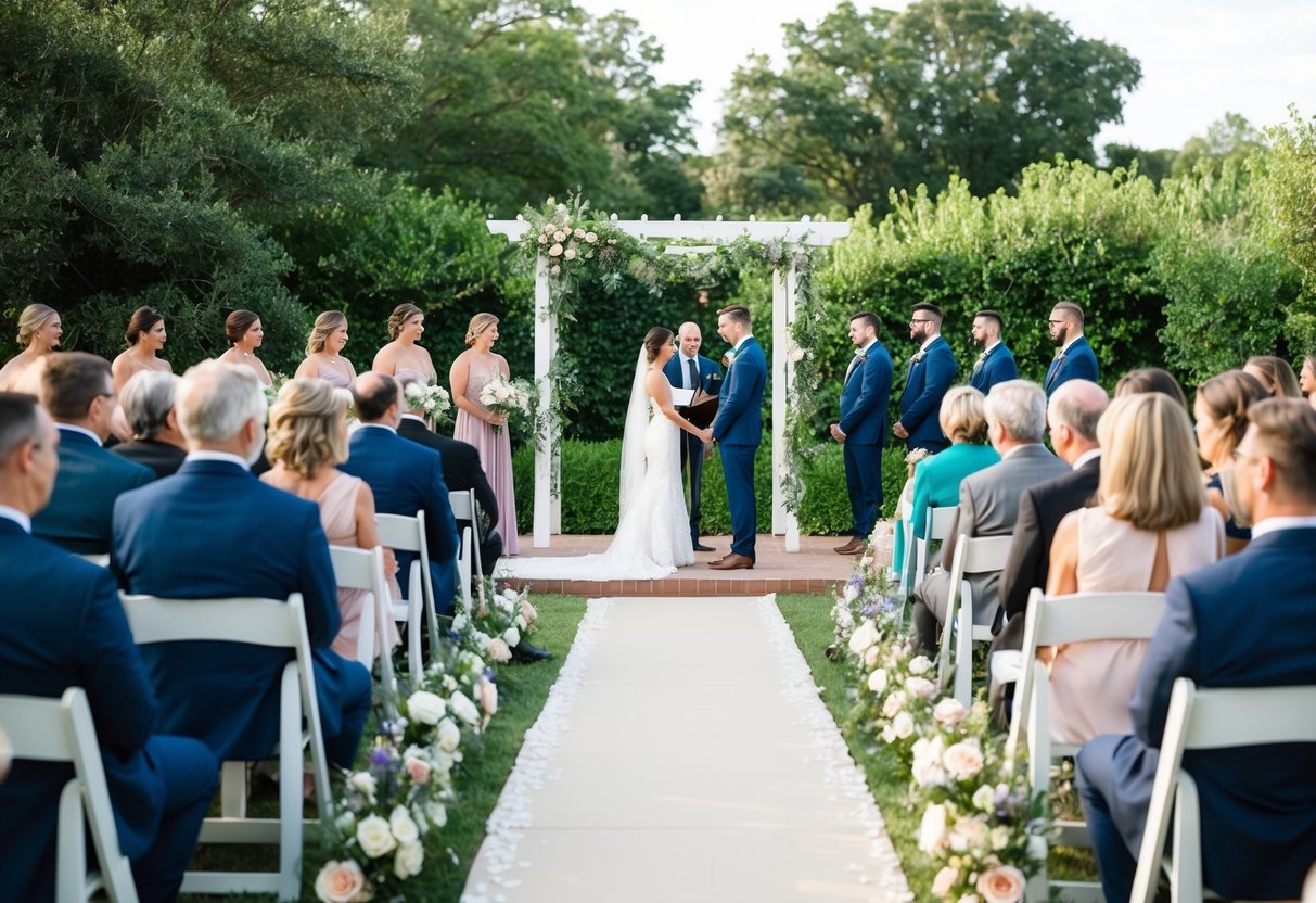 A simple outdoor wedding ceremony with a decorated altar and seating for guests, surrounded by lush greenery and blooming flowers