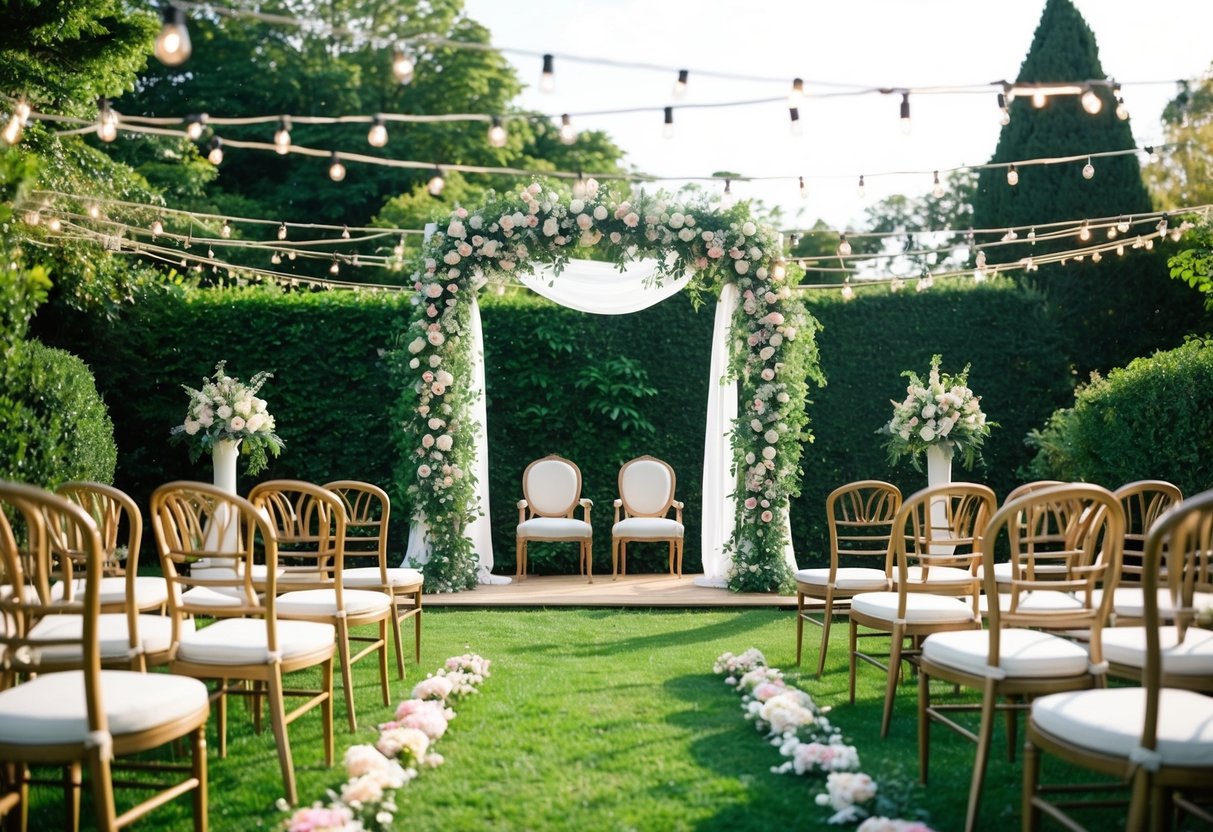 A beautiful outdoor wedding ceremony with floral arch, string lights, and elegant seating, all set within a lush garden