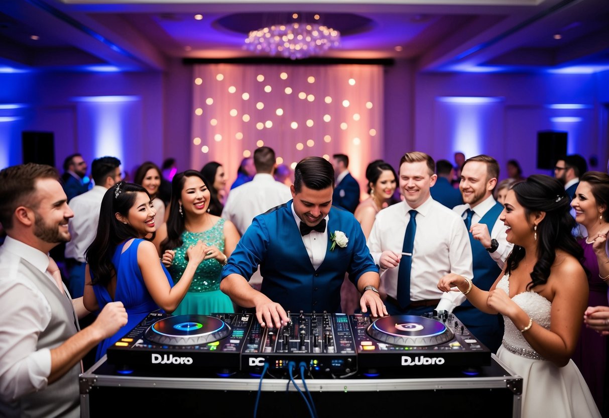 A lively wedding reception with a DJ spinning music, surrounded by dancing guests and colorful lights